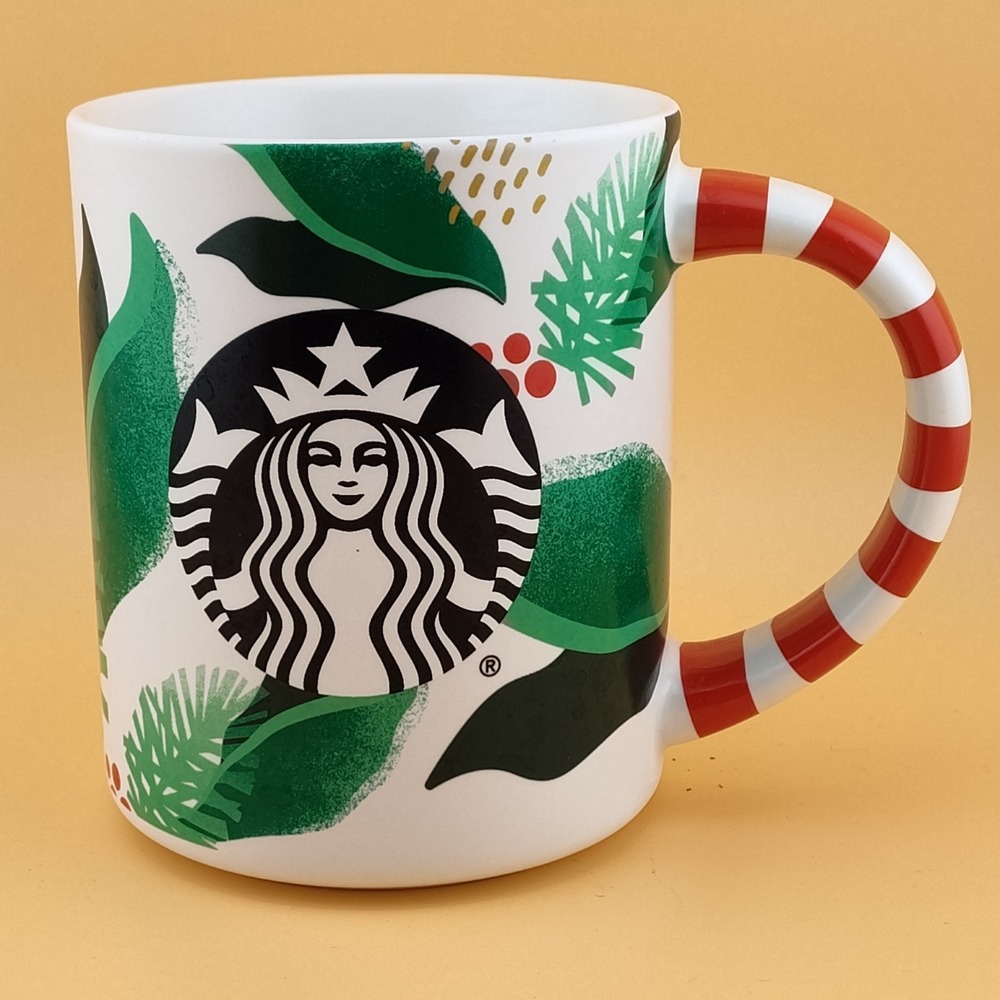 2019 Starbucks Christmas Holiday Holly Candy Cane Striped Handle Coffee Mug 12oz